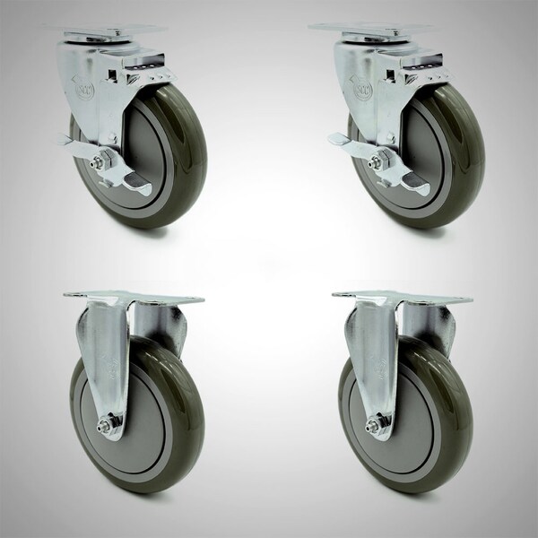 Service Caster 5 Inch SS Gray Polyurethane Top Plate Caster Set with 2 Brake 2 Rigid SCC SCC-SS20S514-PPUB-TLB-2-R514-2 - main